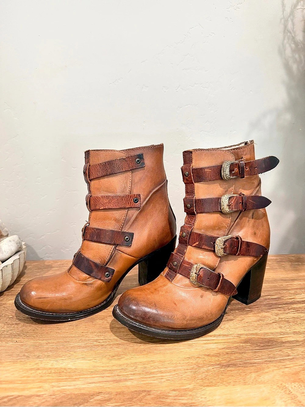 Freebird by Steven Cognac Leather Multi-Buckle Heeled Boots Size 10